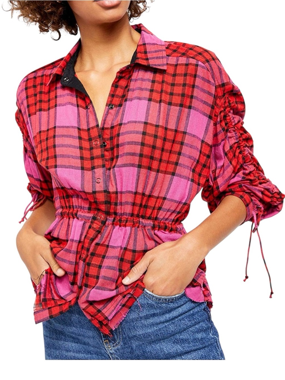 Free People We The Free Pacific Dawn Red Pink Plaid Cinched Waist Top Size Large